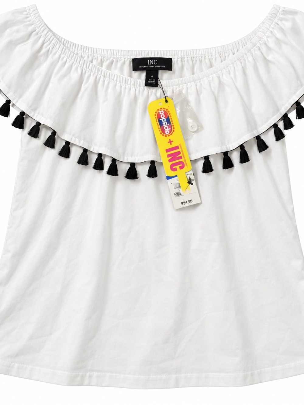 INC International Concepts White Off-Shoulder Top with Black Tassel Trim